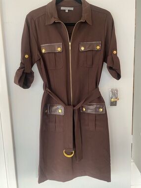 Sharagano Brown Utility Shirt Dress with Gold Hardware